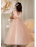 Pearl Neck Champagne Satin Tulle Ankle Length Flower Girl Dress